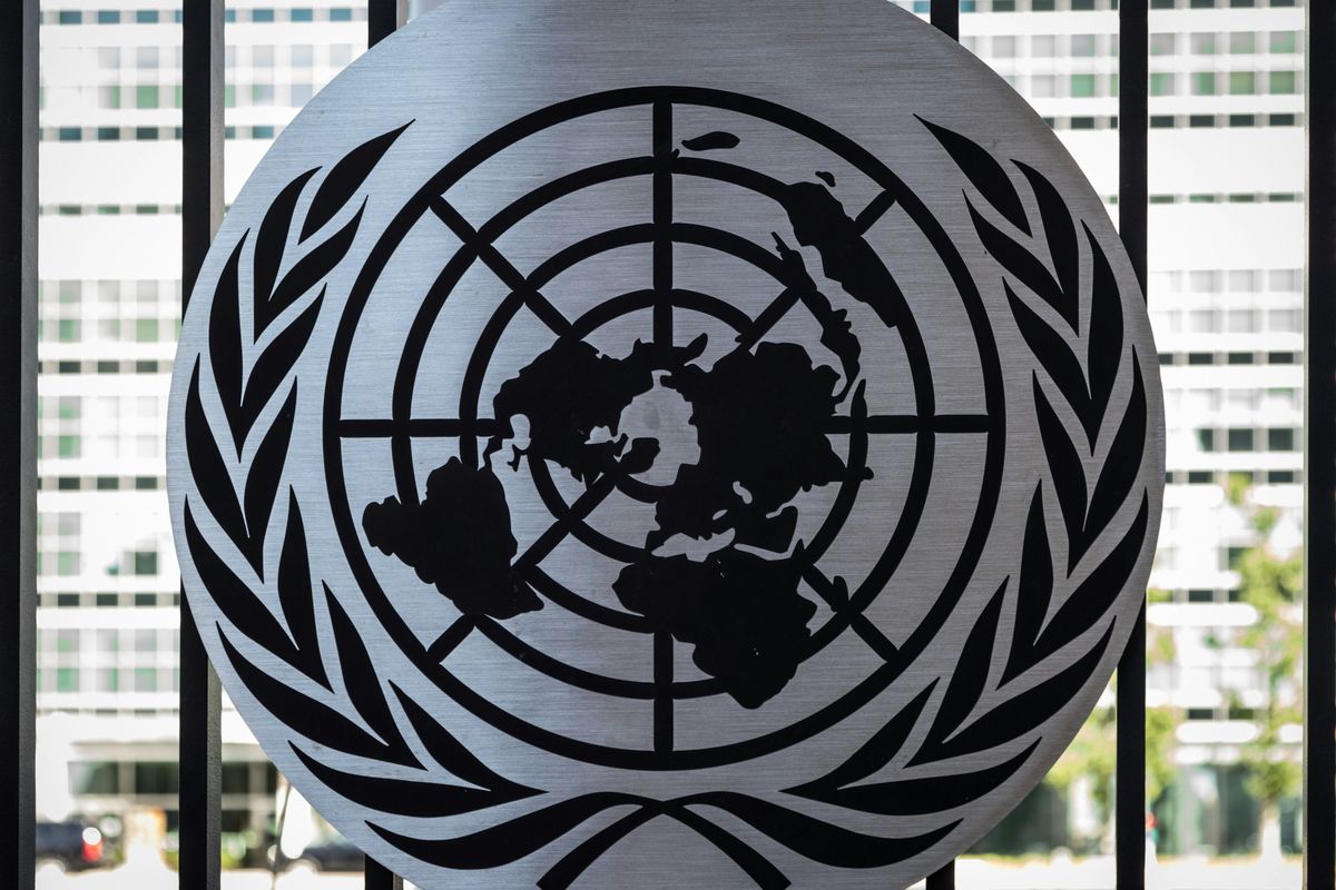the united nations emblem on display in front of a window.