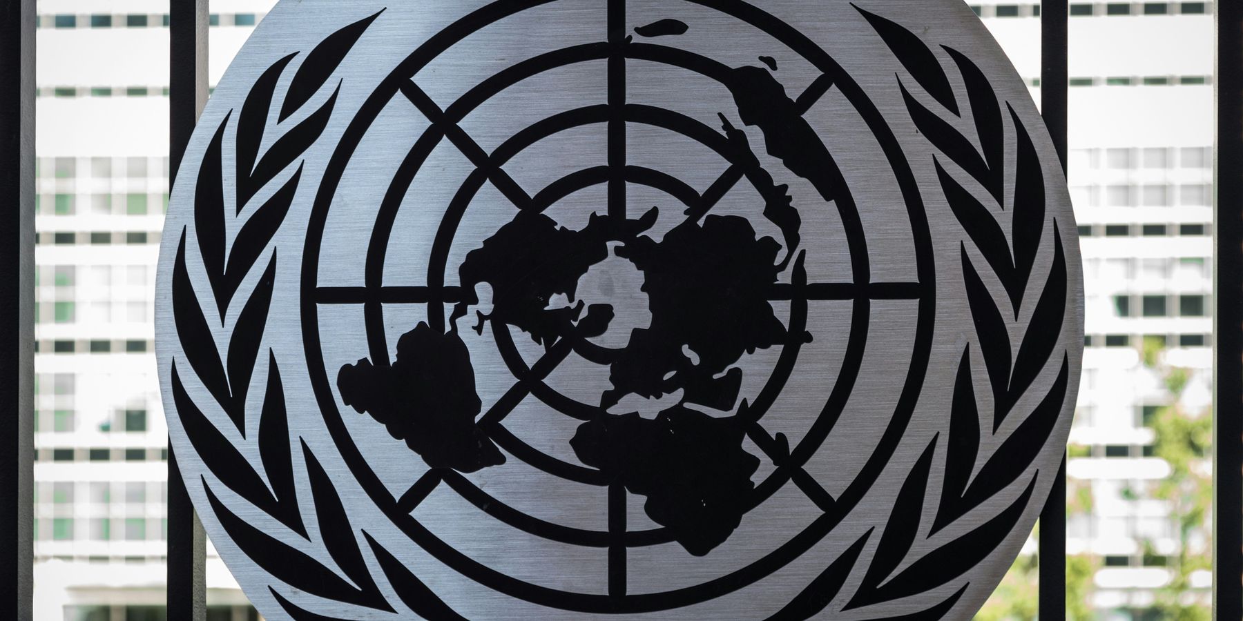 the united nations emblem on display in front of a window.
