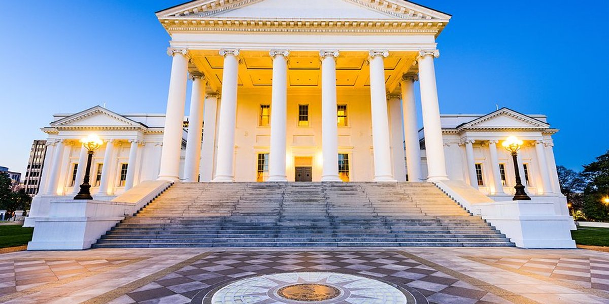 The Virginia state capitol building in Richmond, Virginia, illuminated at dusk.