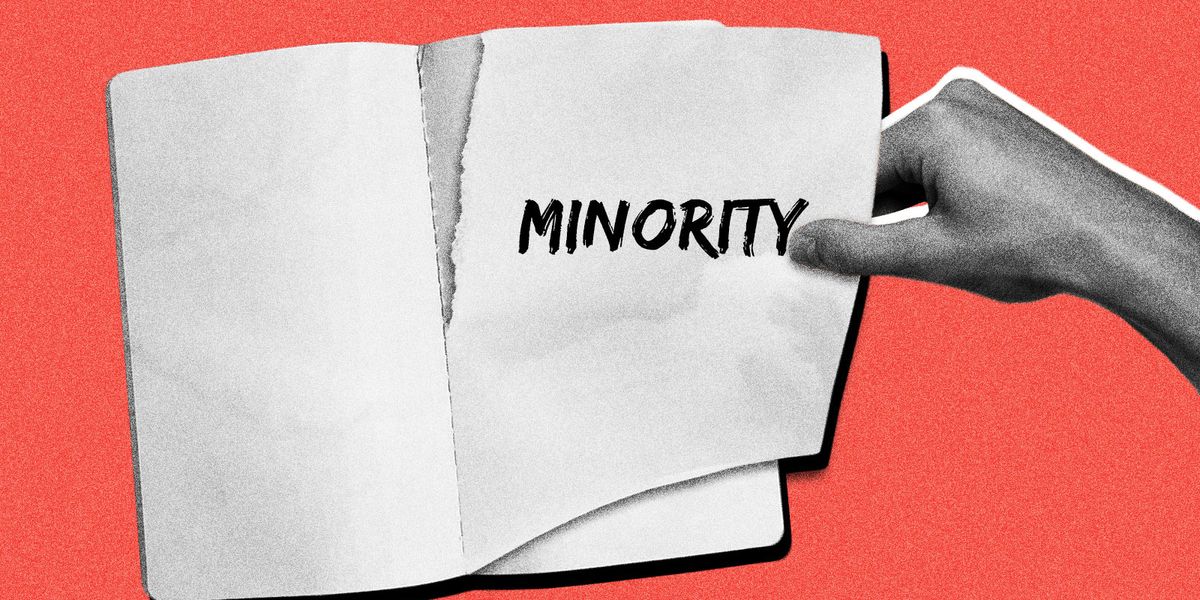 The word "minority" getting ripped from the page of a book