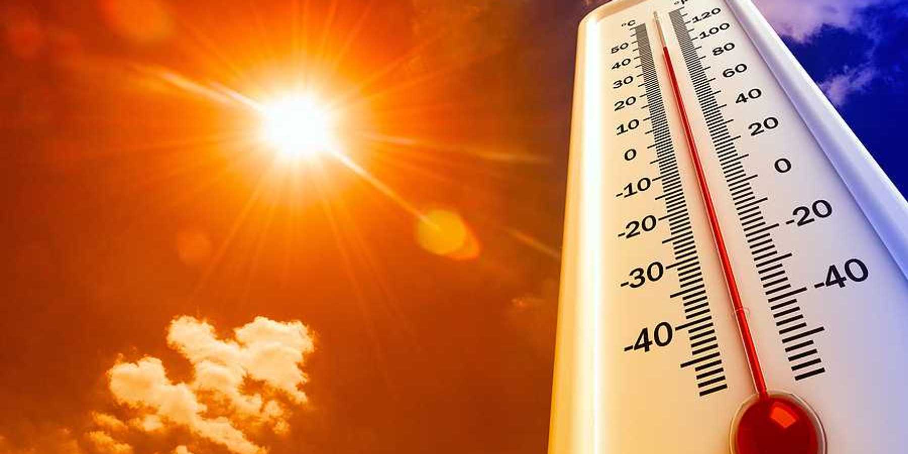 Thermometer with 100 degree reading superimposed against a scorching sunshiney sky