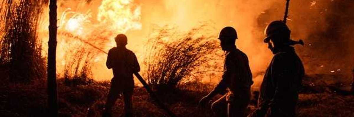 Three firefighters fighting a wildfire