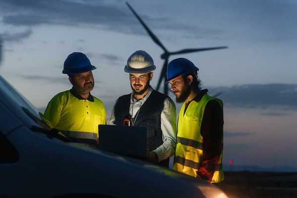 Three renewable energy workers looking at a laptop with a wind turbine in the background