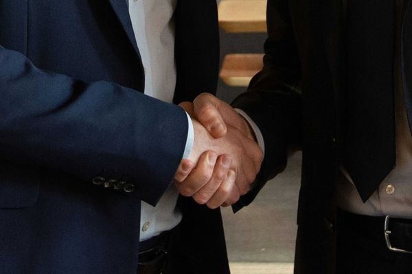 Torsos of two business executives in suits shake hands.