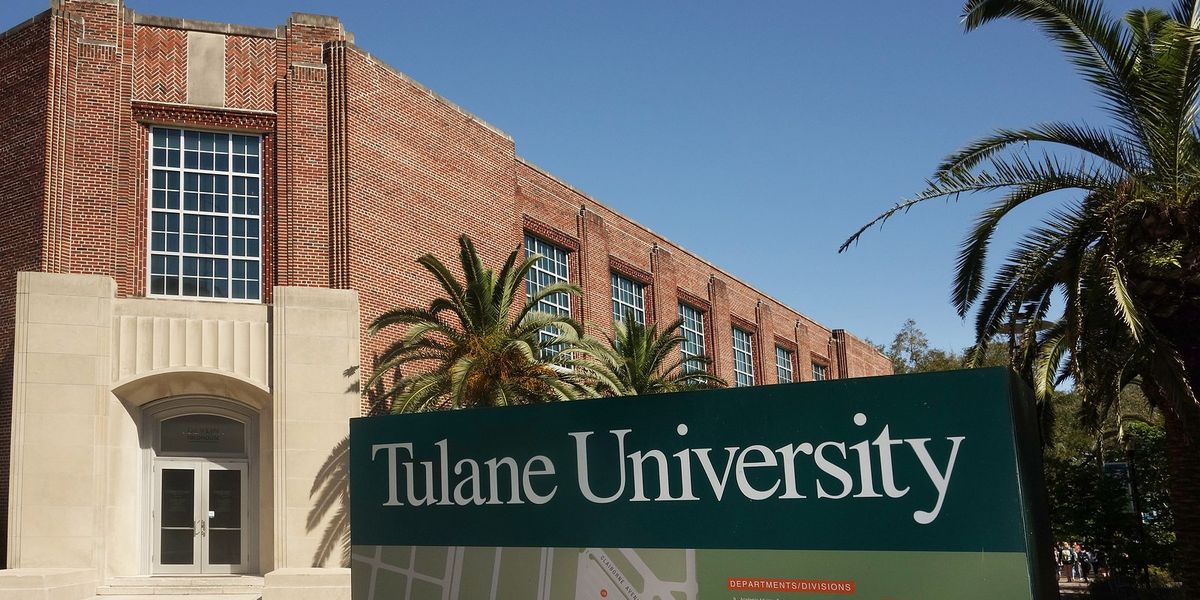Tulane University sign with red brick academic building and palm trees in background.