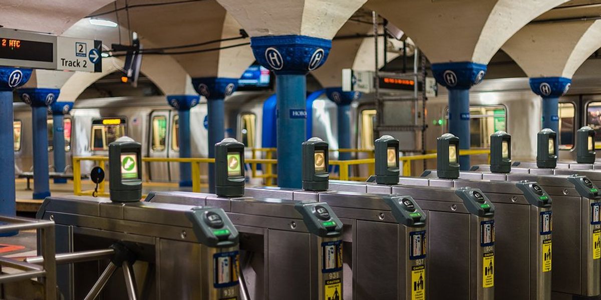 Turnstiles to enter the NJ metro system.
