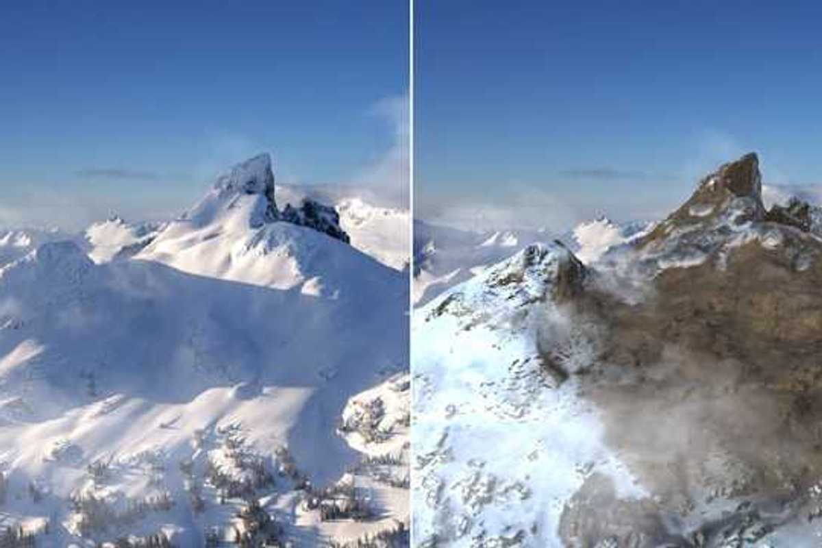 Two images showing the same mountain range, one with adequate snow and one with less snow