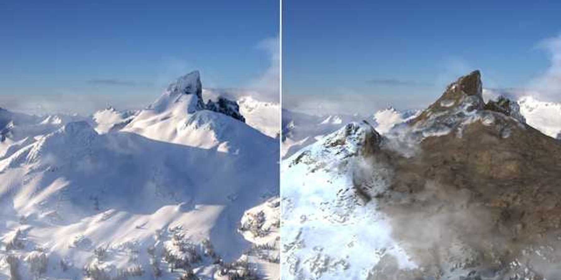 Two images showing the same mountain range, one with adequate snow and one with less snow