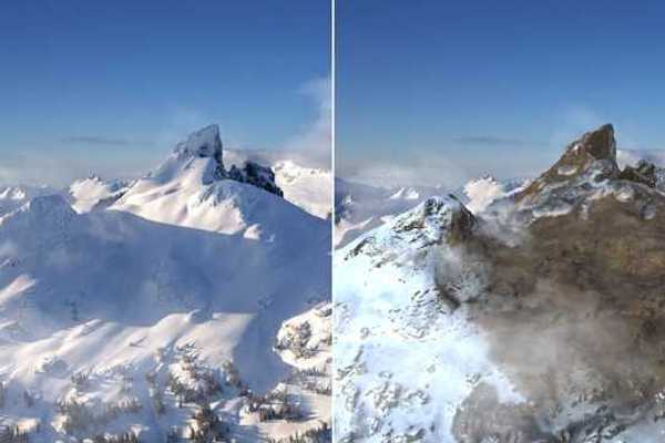 Two images showing the same mountain range, one with adequate snow and one with less snow
