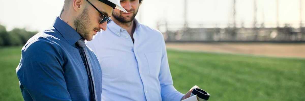 Two men conferring over a notebook in front of an oil refinery