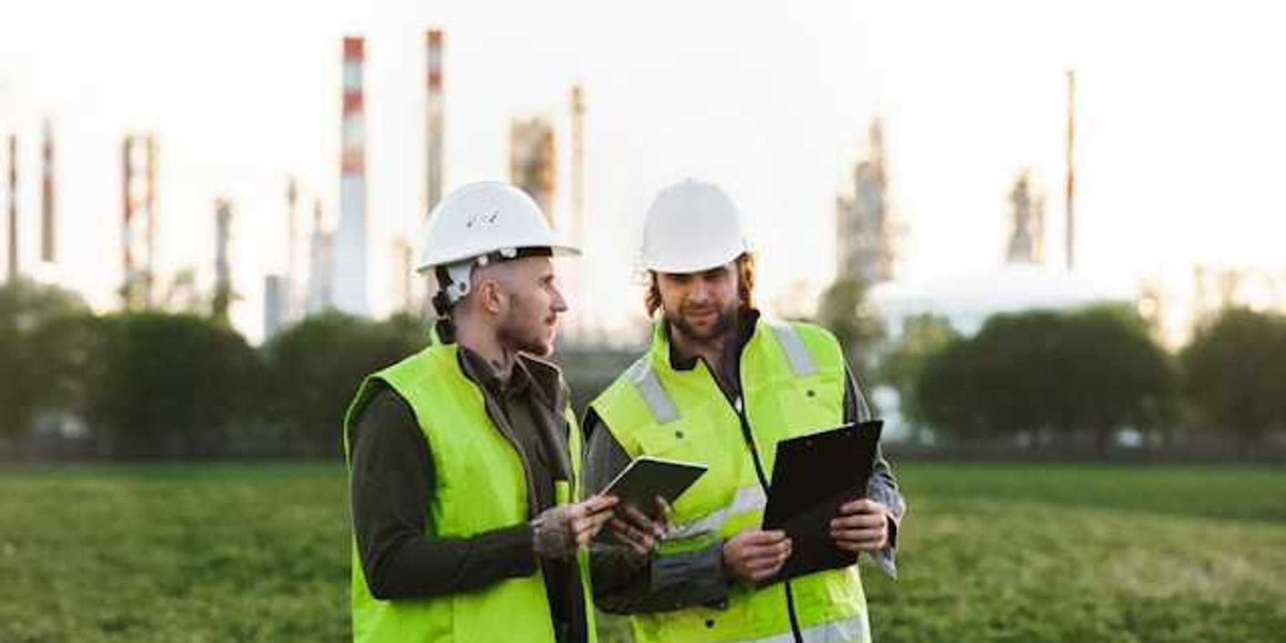Two oil workers in yellow vests looking at ipads while standing in front of smokestacks