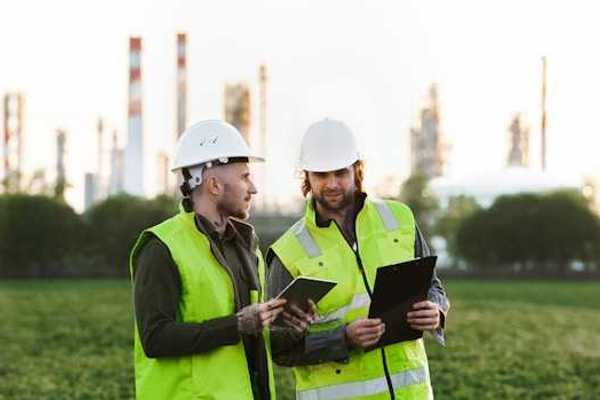 Two oil workers in yellow vests looking at ipads while standing in front of smokestacks