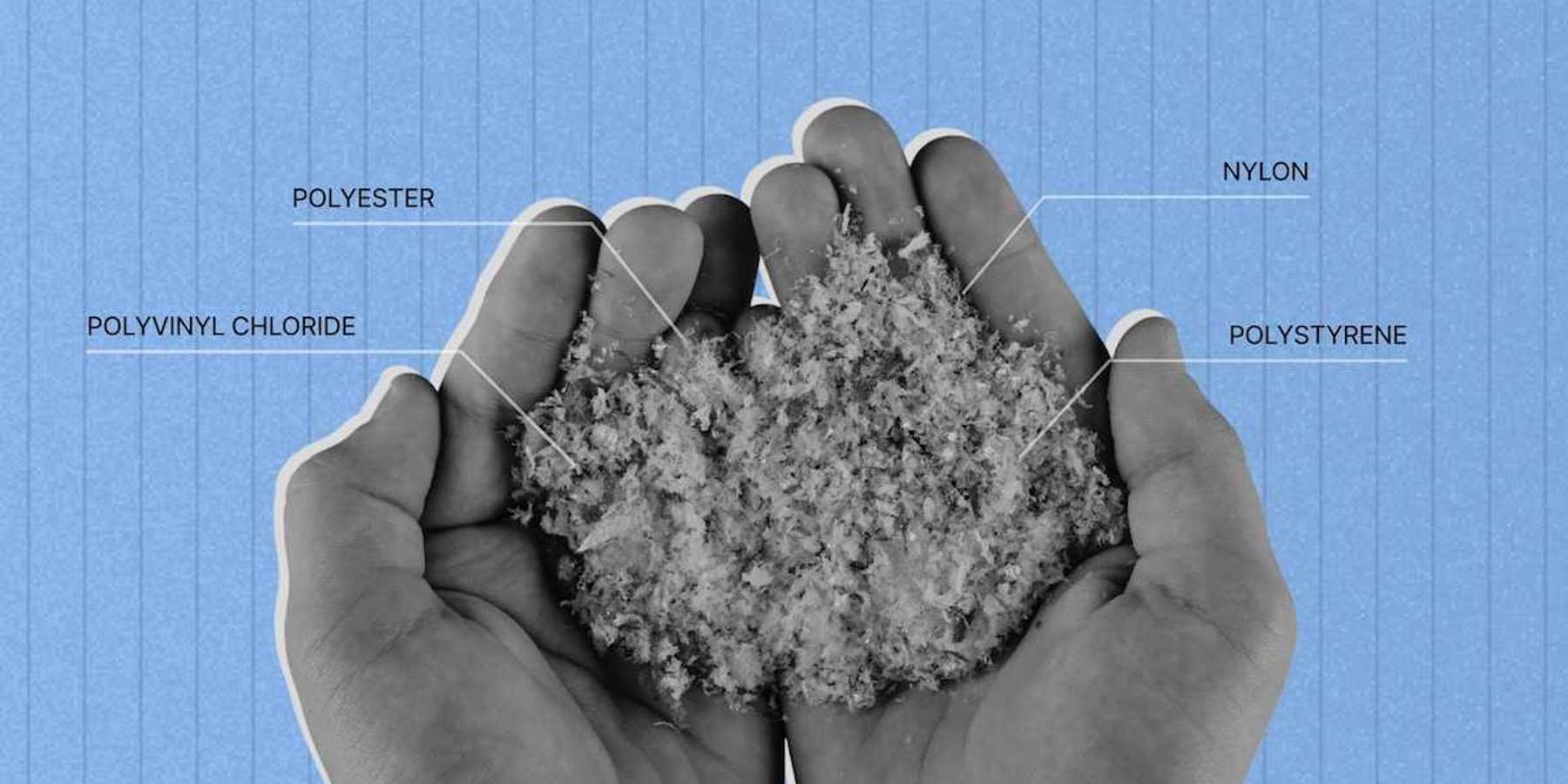 Two partially cupped hands holding plastic particles derived from synthetics such as PVC, polyester, nylon, and polystyrene