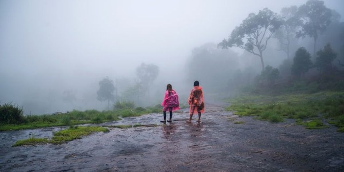 Two people wearing rain ponchos standing on a wet road during a downpour.