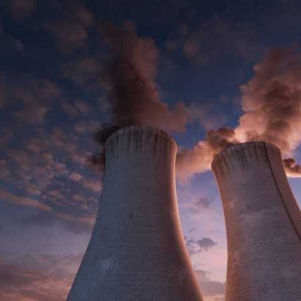 Two power plant towers viewed from below