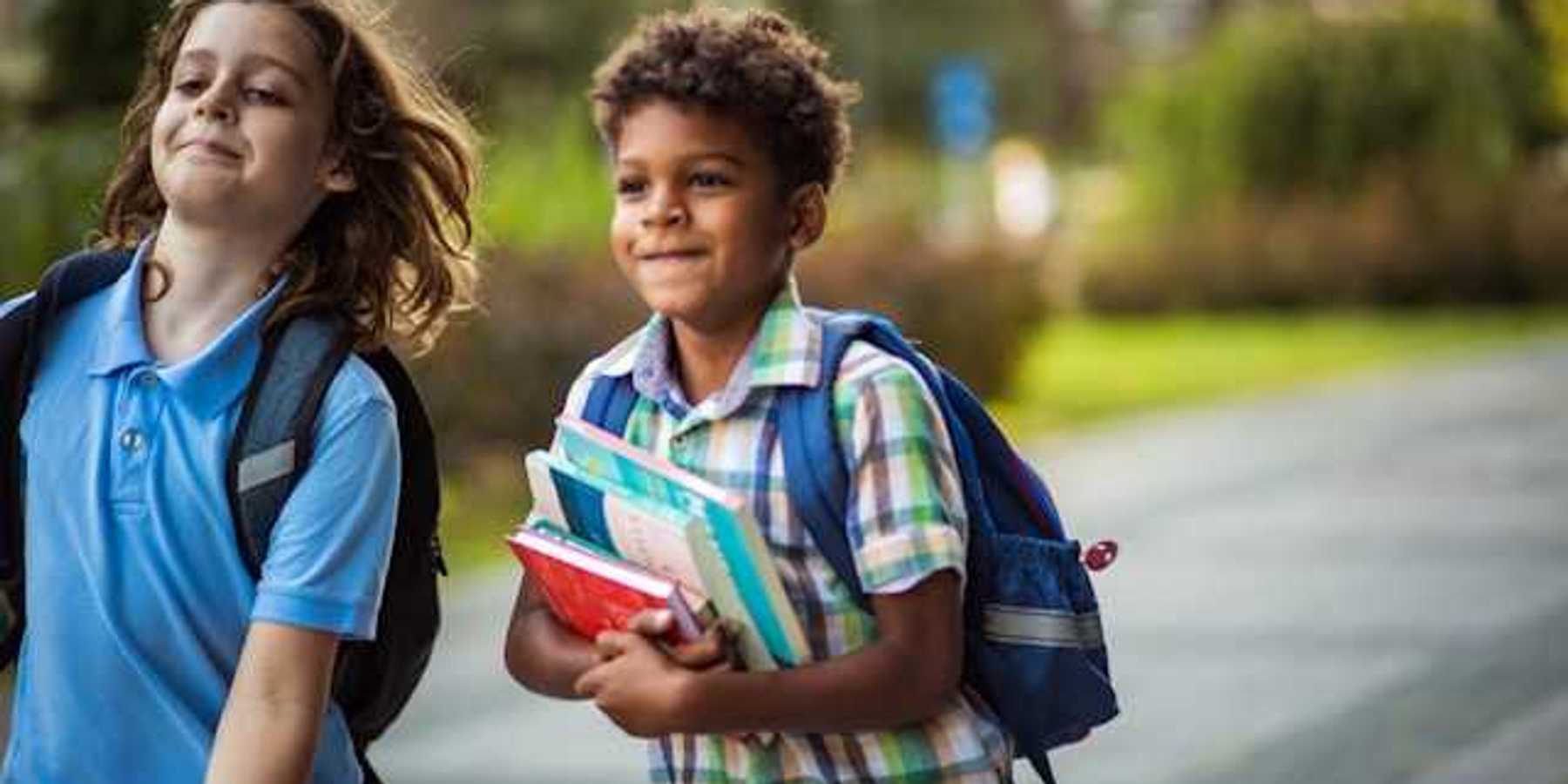 Two school children walking along a path toward school