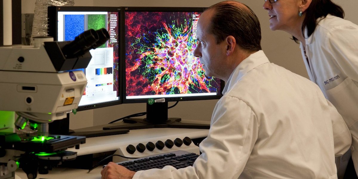 Two scientists in lab coats look at a computer screen displaying a colorful image from a molecular microscope.