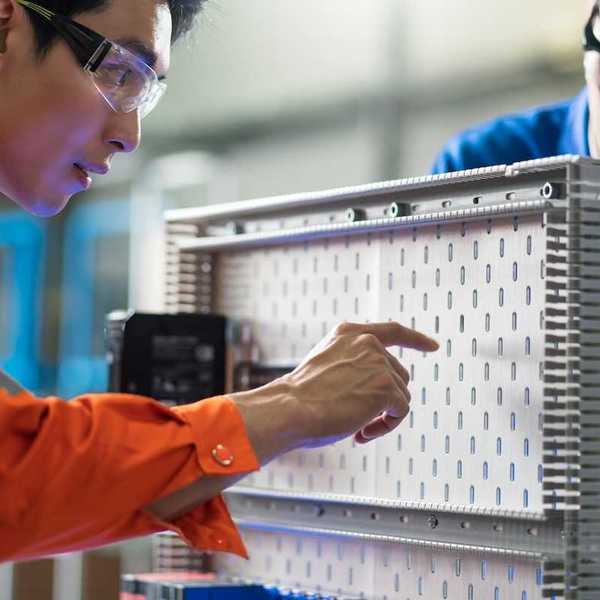 Two technicians working on electrical circuit design
