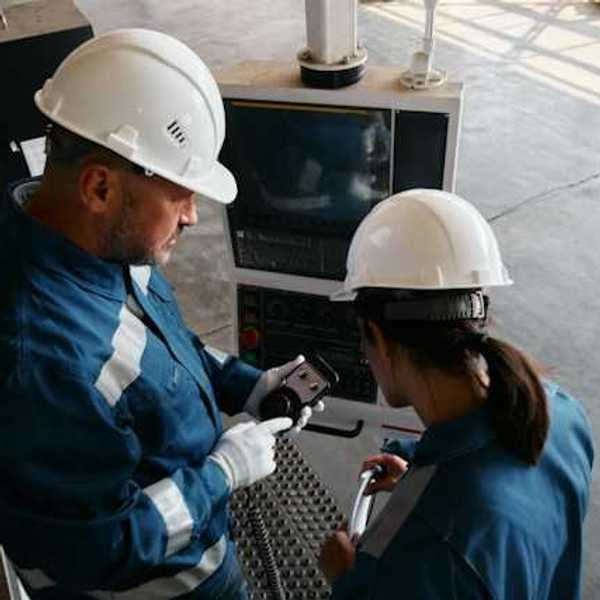 Two workers in blue jumpsuits and white hard hats looking at industrial equipment