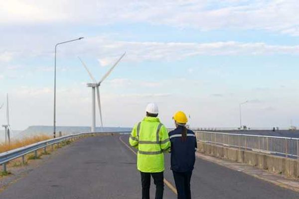 Two workers looking at wind turbines