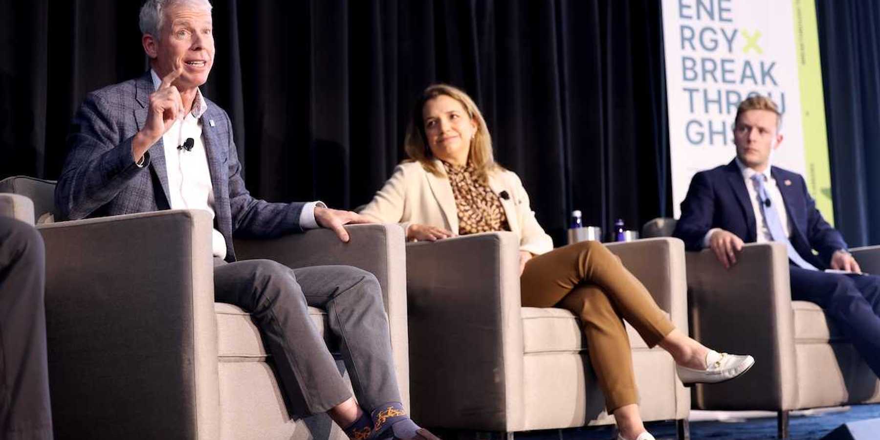 U.S. Secretary of Energy Chris Wright, Milo Werner and Chris Barnard speaking with attendees at the Energy Freedom Tour stop at MIT