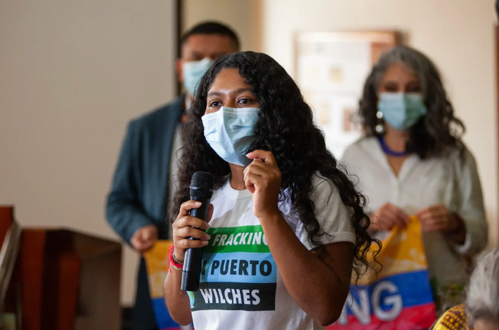 \u200bYuvelis Natalia Morales Blanco speaks during a 2021 press conference in Bogota