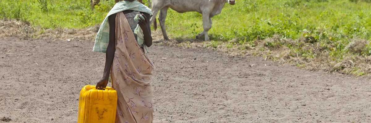 Unidentified woman carries a large water jug to get water from the Nile in South Sudan.