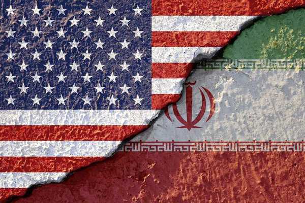 USA flag and Iran flag on cracked wall damage emblematic of USA - Iran War.
