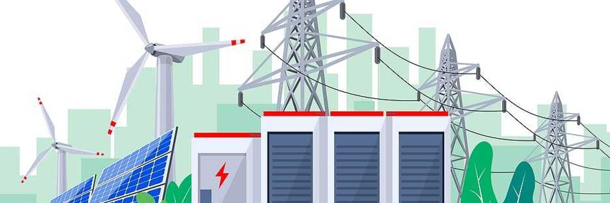 Vector illustration of large rechargeable lithium-ion battery energy storage stationary for renewable electric power station generation.