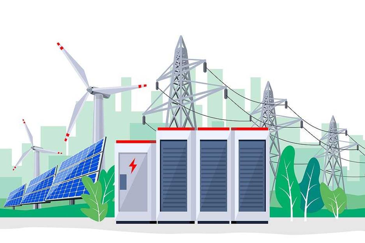 Vector illustration of large rechargeable lithium-ion battery energy storage stationary for renewable electric power station generation.