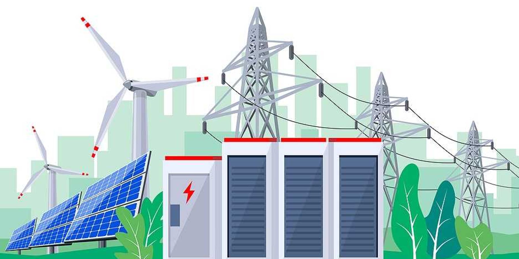 Vector illustration of large rechargeable lithium-ion battery energy storage stationary for renewable electric power station generation.