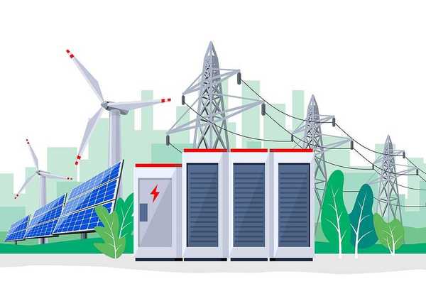 Vector illustration of large rechargeable lithium-ion battery energy storage stationary for renewable electric power station generation.