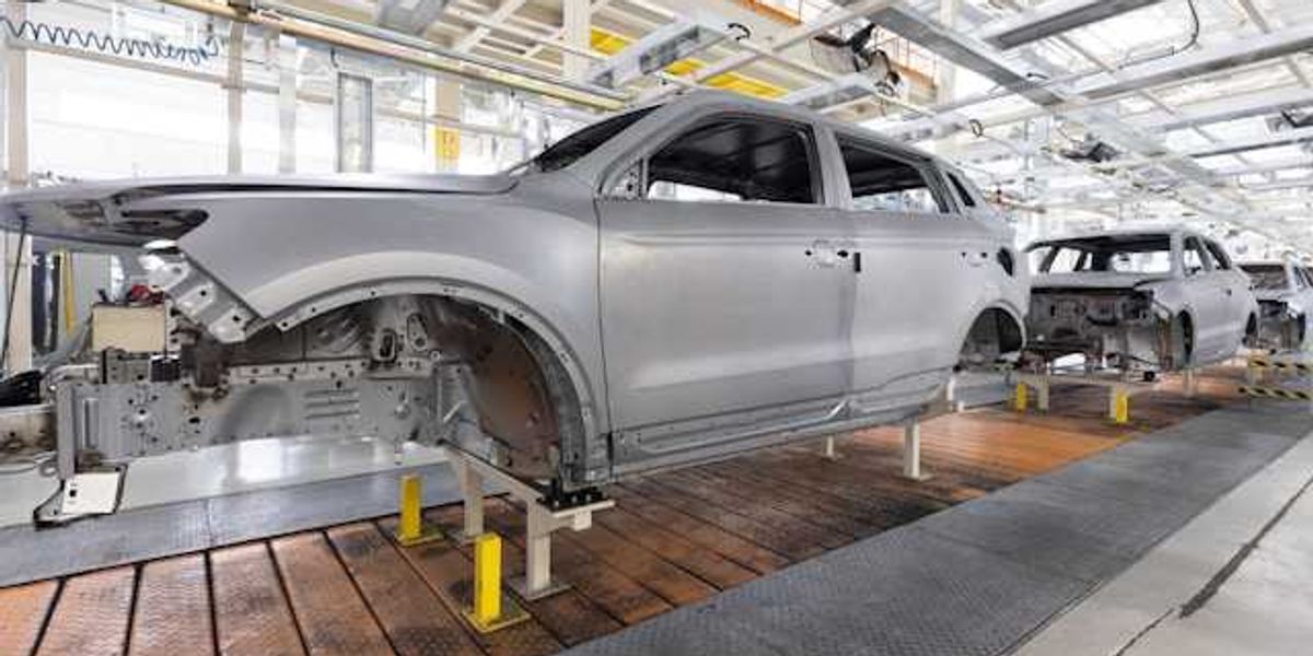 Vehicles in a production line in a manufacturing plant