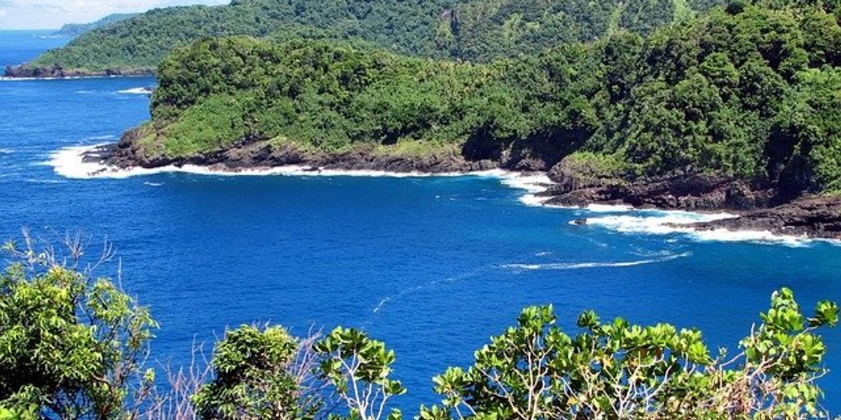 View of the coast of American Samoa with lush, tree-covered coastal hills and the ocean below.