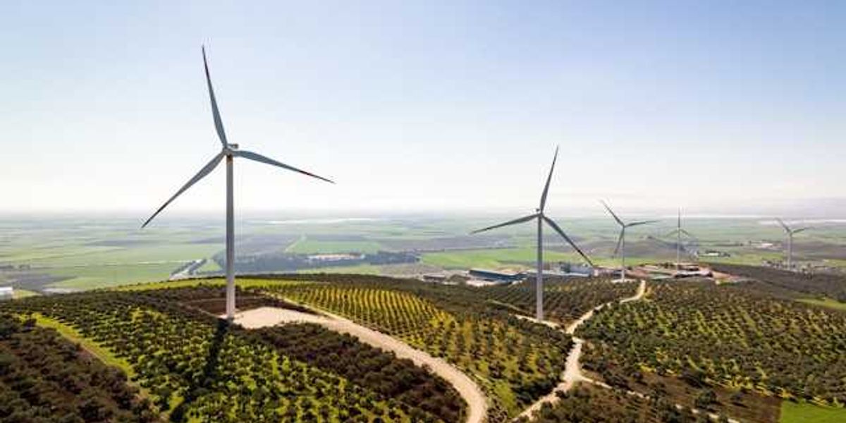 View of wind turbines on a hillside