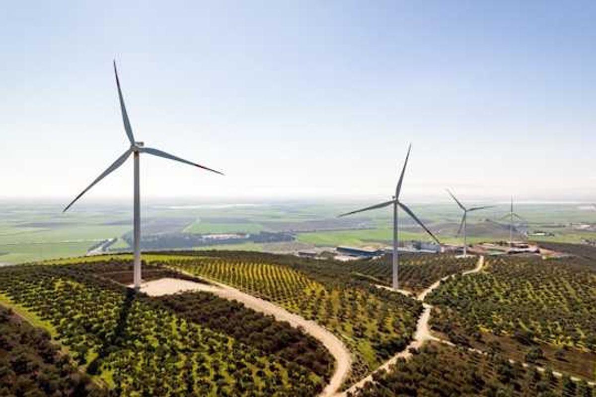 View of wind turbines on a hillside