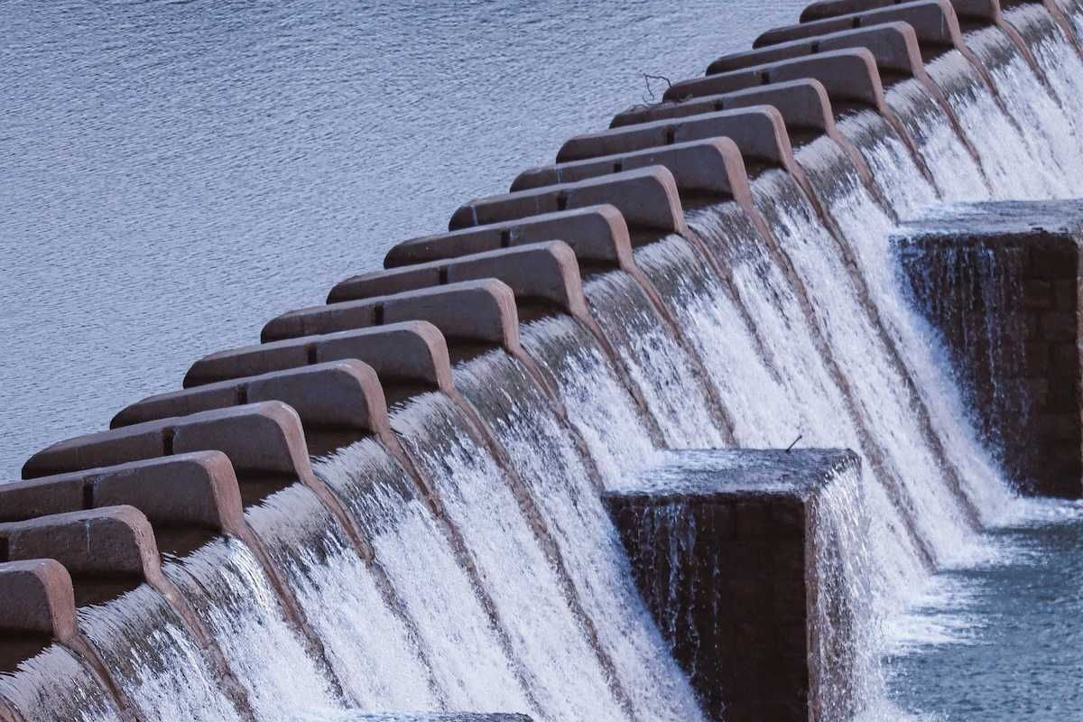 Water running through and over Kukda Dam, Chhattisgarh, India