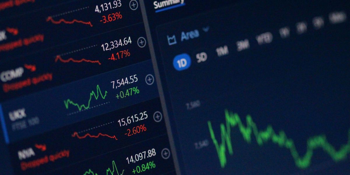 Webpage with stock market numbers.