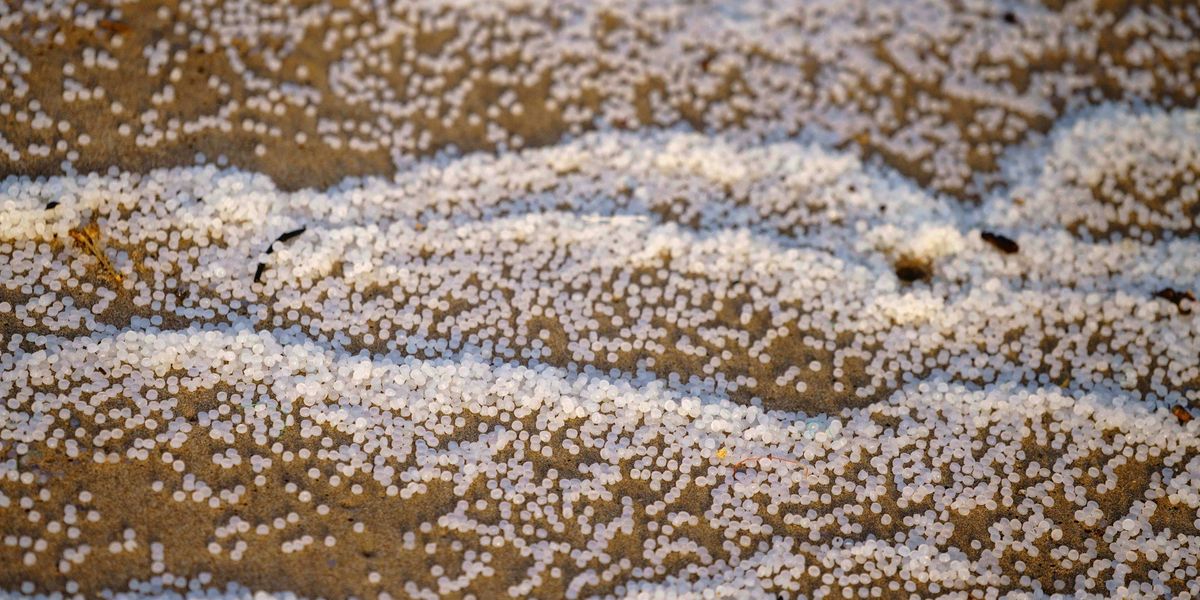 white plastic pellets (nurdles) washed up on sand