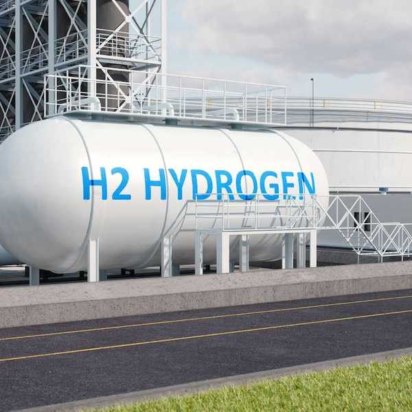 White storage tank lettered "H2 HYDROGEN" in blue letters