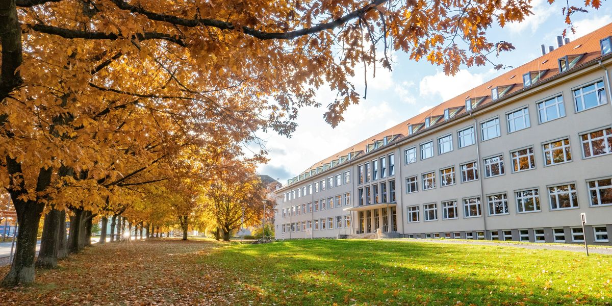 white university building near trees with fall foliage during daytime.