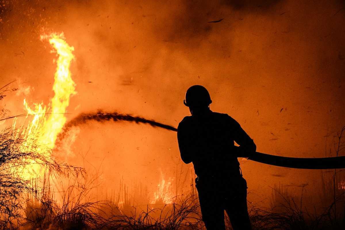 Wildland fire fighter, silhouetted against flame-orange backdrop, training hose on wildfire.
