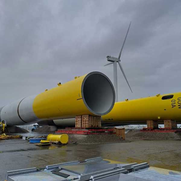 Wind turbine towers awaiting assembly
