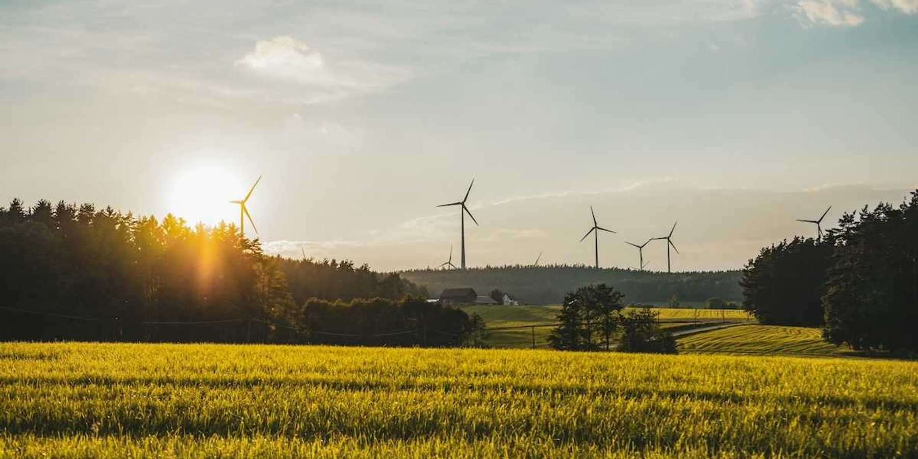 Wind turbines sited in a rural setting of forested hills with a farm and meadows in foreground