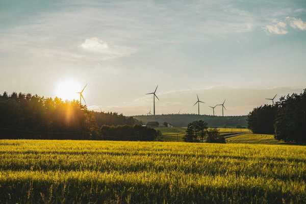 Wind turbines sited in a rural setting of forested hills with a farm and meadows in foreground