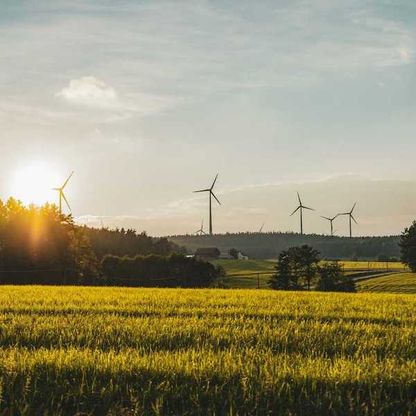Wind turbines sited in a rural setting of forested hills with a farm and meadows in foreground