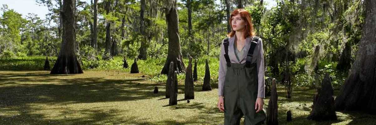 Woman in waders standing shin-deep in southeastern swamp