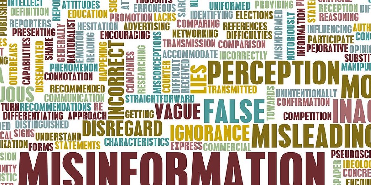 Word map with multicolored words like misinformation, perception, vague, ignorance etc