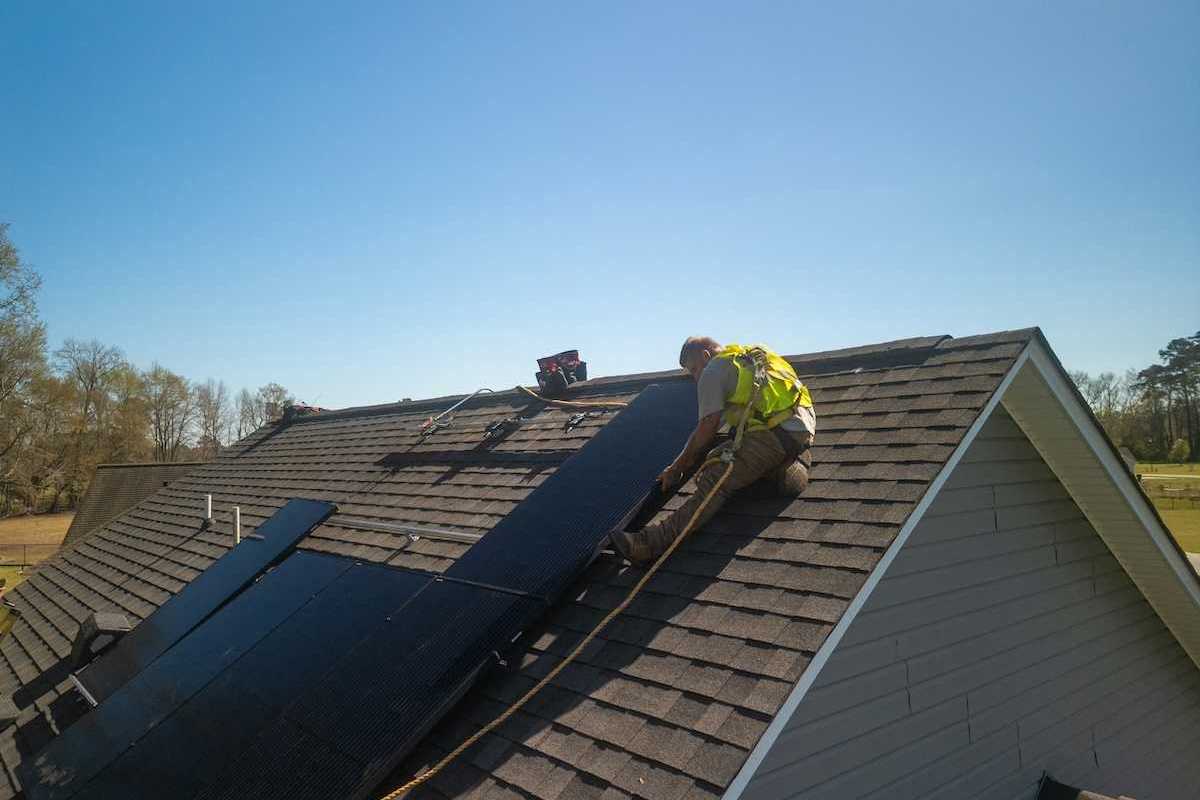 Workman installing solar panels on a residential roof