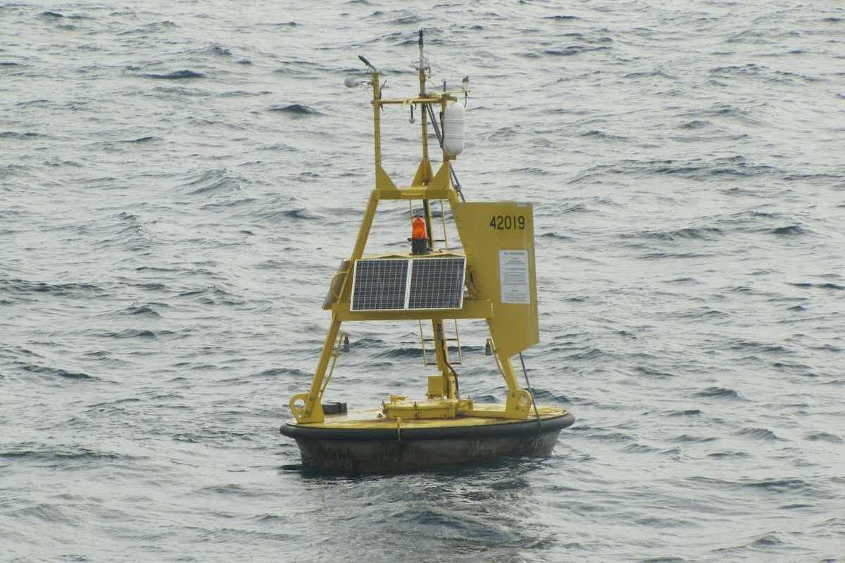 Yellow/black ocean buoy deployed by NOAA to measure ocean dynamics